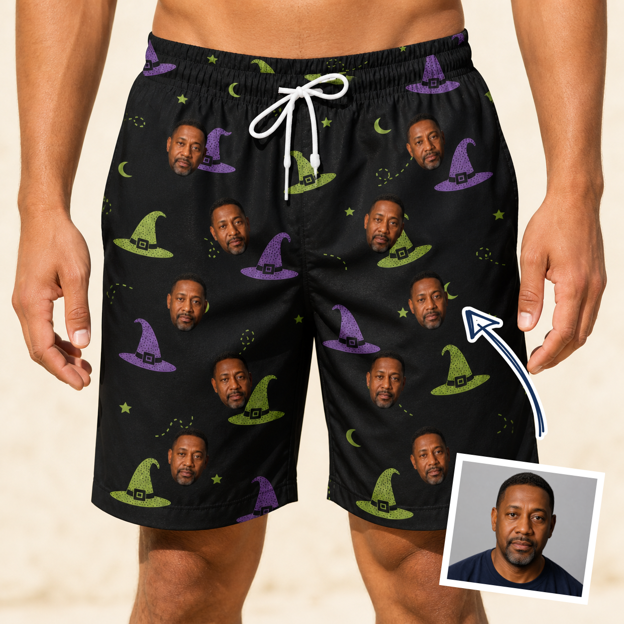 Man wearing Men's Pointy Party Custom Face Beach Shorts — custom faces printed all-over