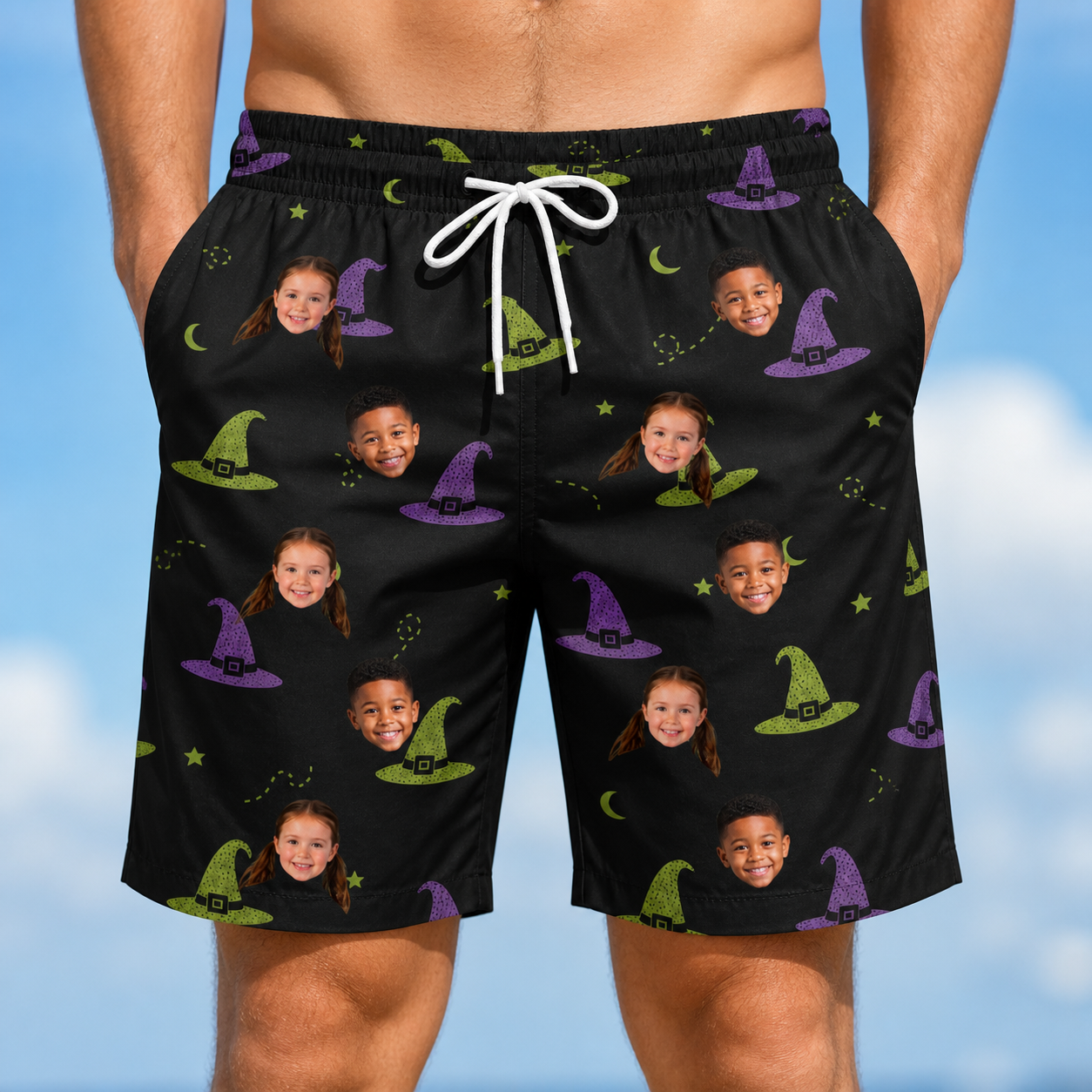 Model wearing Men's Pointy Party Custom Face Beach Shorts printed with kids' faces