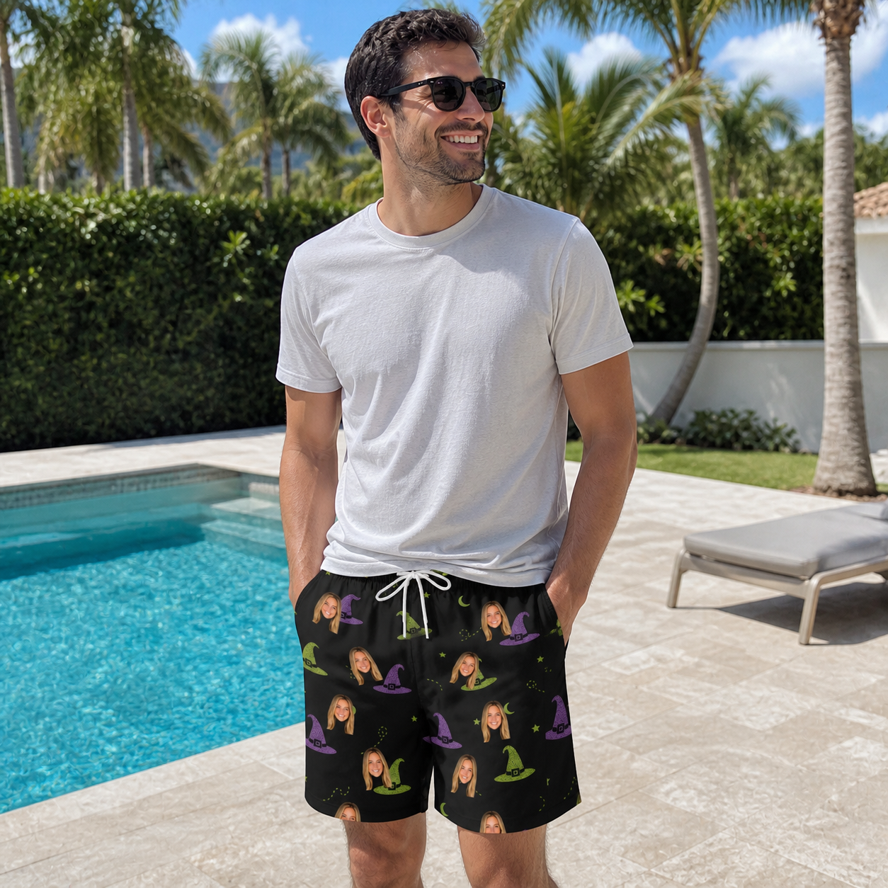 Real-life photo of someone wearing Men's Pointy Party Custom Face Beach Shorts — custom faces printed all-over
