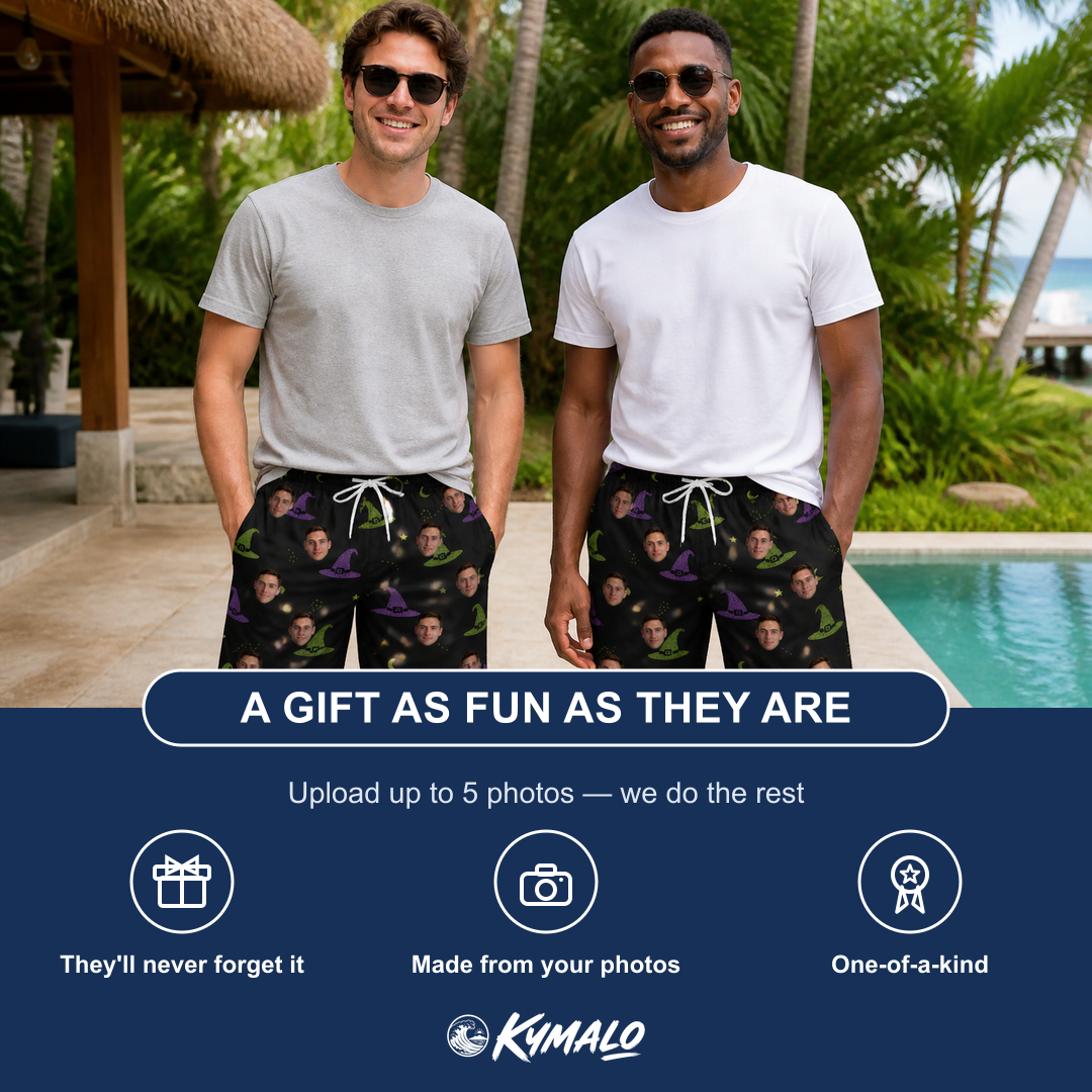 Friends in matching Men's Pointy Party Custom Face Beach Shorts — a group gift photo