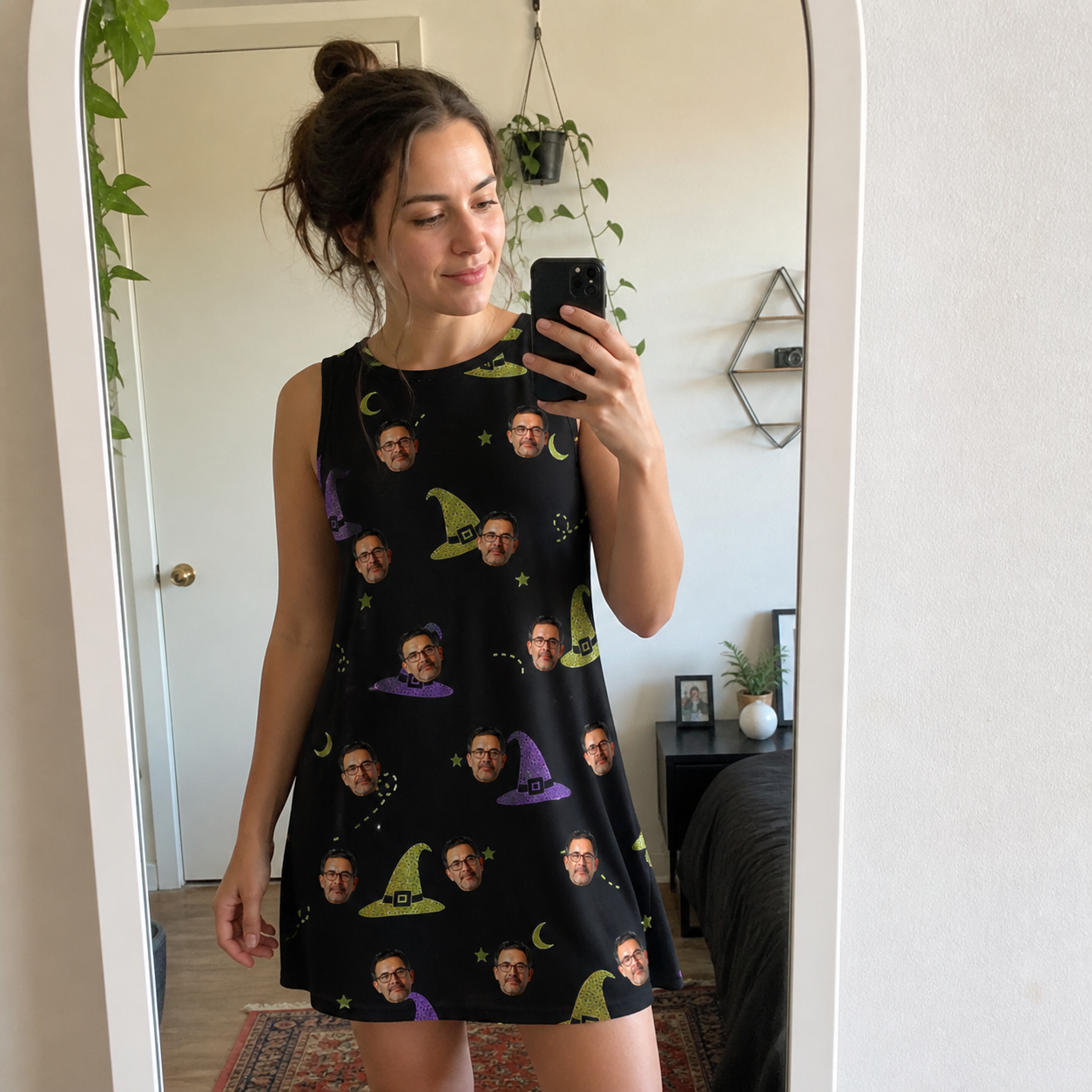 Real-life photo of someone wearing Women's Pointy Party Custom Face Tank Dress — custom faces printed all-over