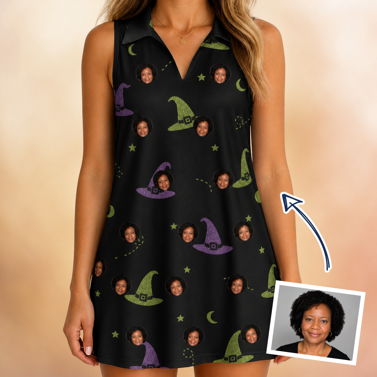 Woman wearing Women's Pointy Party Custom Face V-Neck Dress — custom faces printed all-over