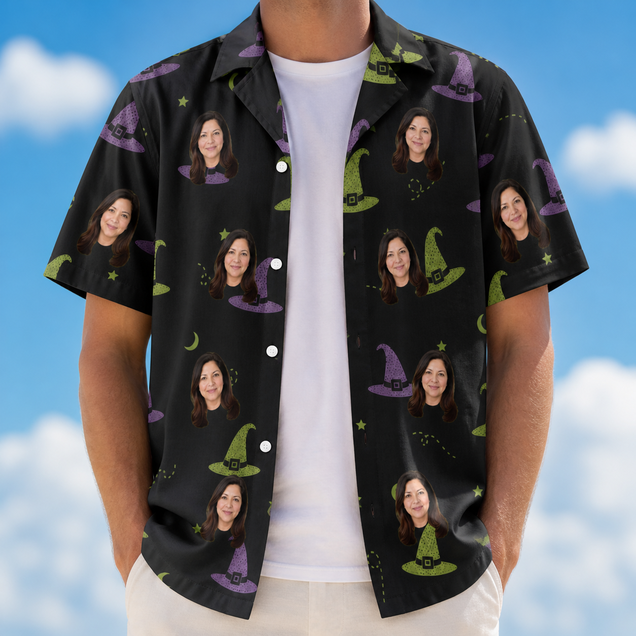 Man wearing Men's Pointy Party Custom Face Hawaiian Shirt open over a white tee