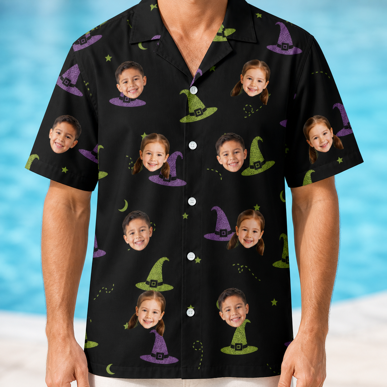 Model wearing Men's Pointy Party Custom Face Hawaiian Shirt printed with kids' faces