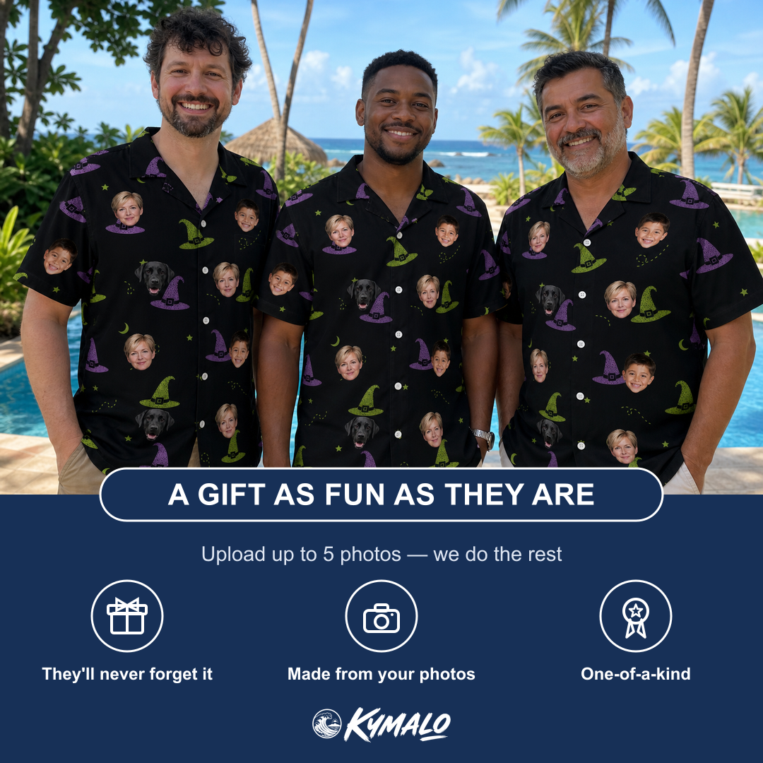Friends in matching Men's Pointy Party Custom Face Hawaiian Shirt — a group gift photo