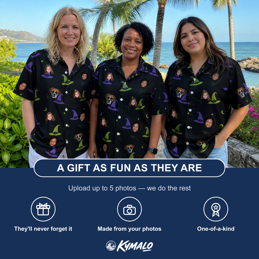 Friends in matching Women's Pointy Party Custom Face Hawaiian Shirt — a group gift photo