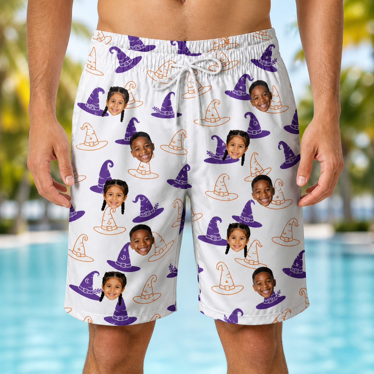 Model wearing Men's Cauldron Crowns Custom Face Beach Shorts printed with kids' faces