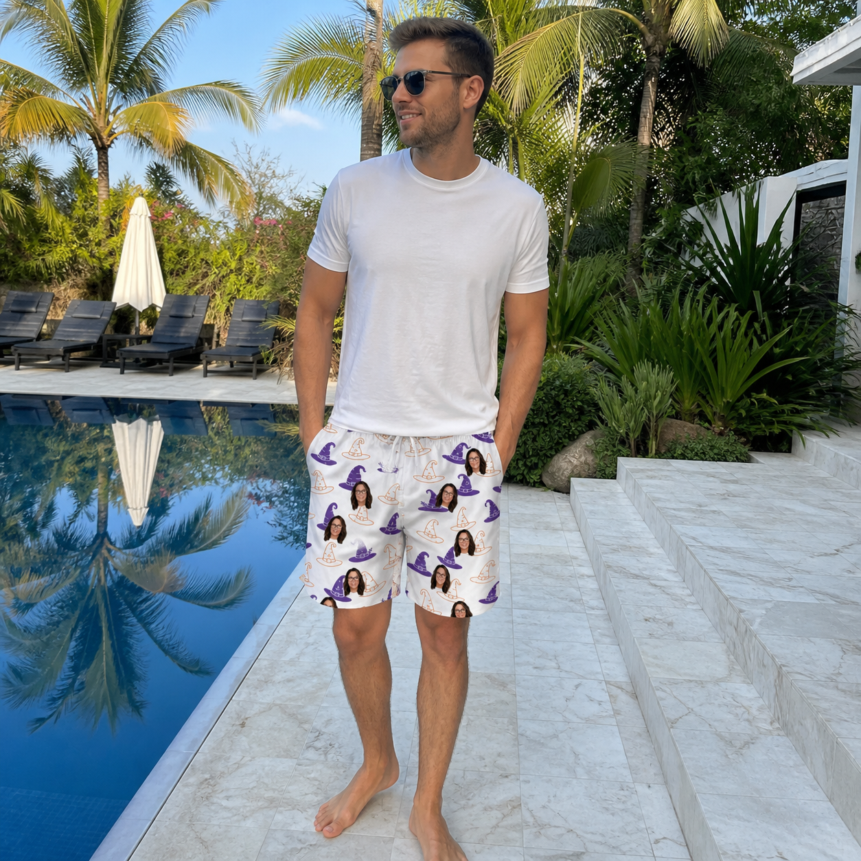 Real-life photo of someone wearing Men's Cauldron Crowns Custom Face Beach Shorts — custom faces printed all-over