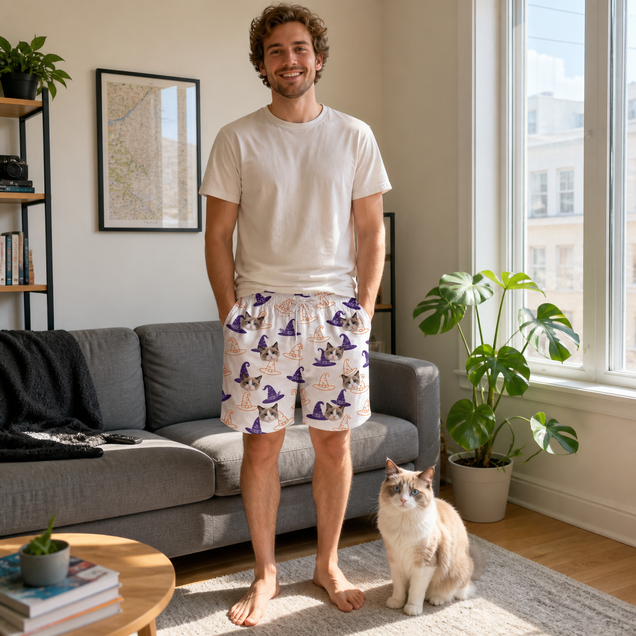 Full-length photo with the pet printed all over this Men's Cauldron Crowns Custom Cat Face Beach Shorts