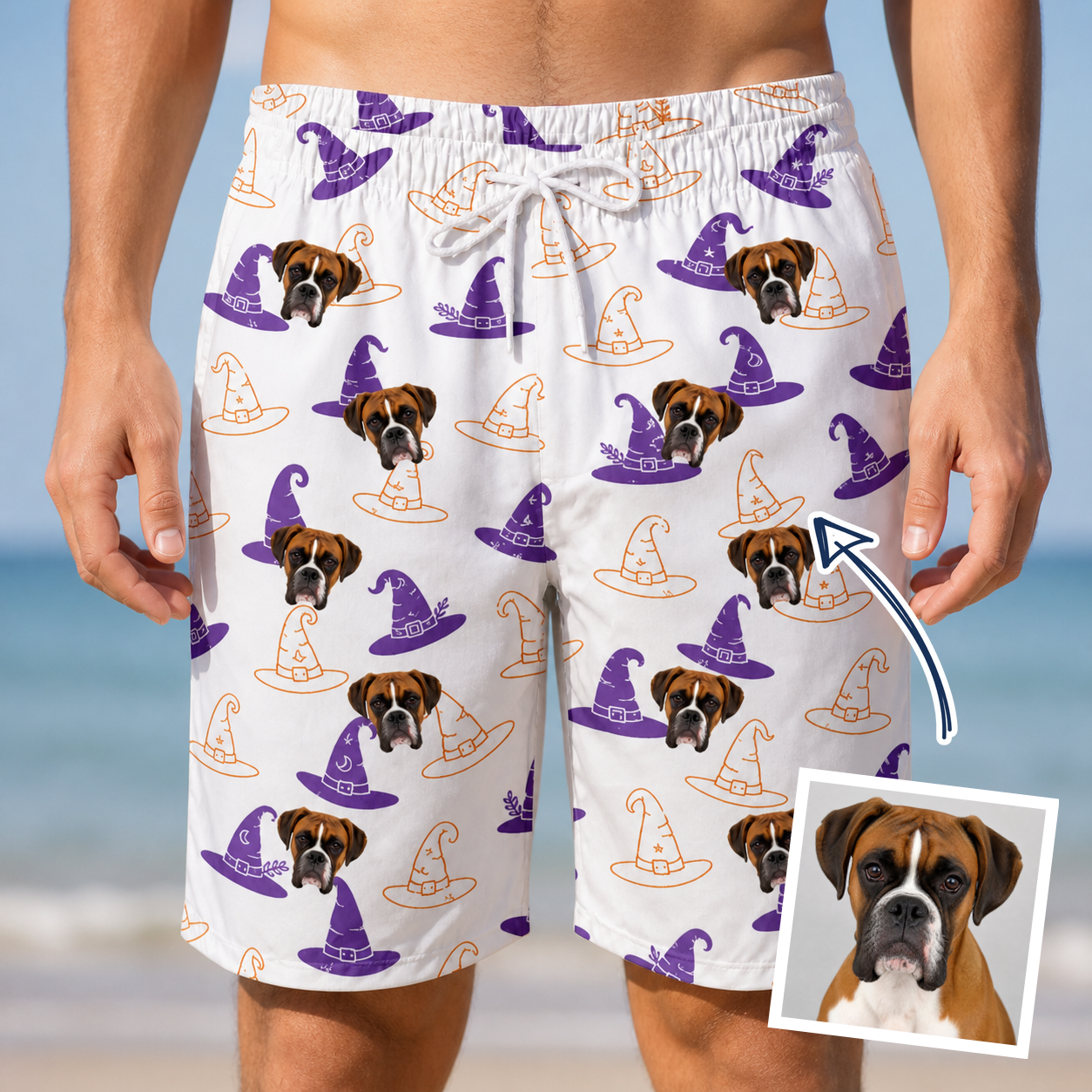 Man wearing Men's Cauldron Crowns Custom Dog Face Beach Shorts — custom faces printed all-over