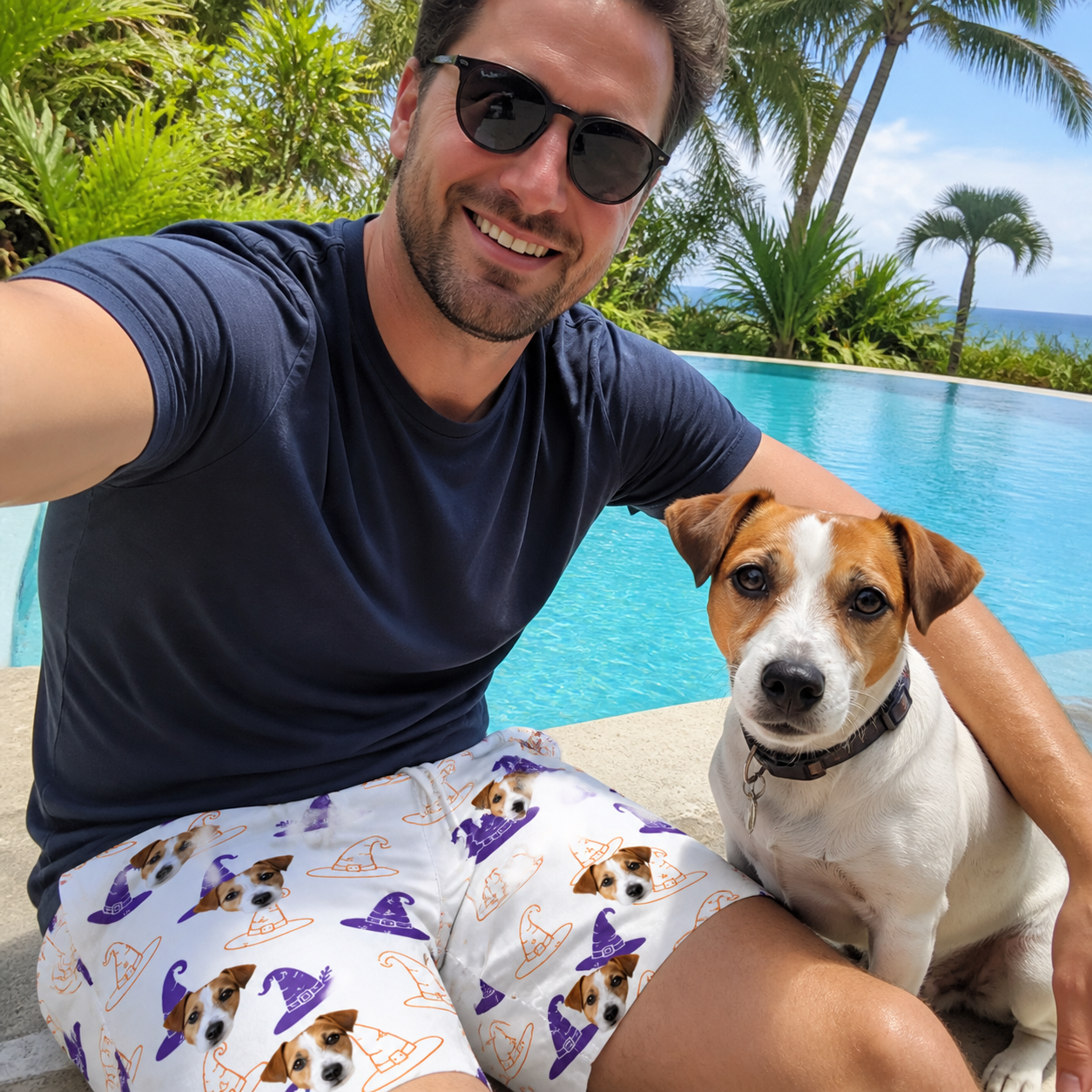 Selfie with the pet whose face is printed all over this Men's Cauldron Crowns Custom Dog Face Beach Shorts