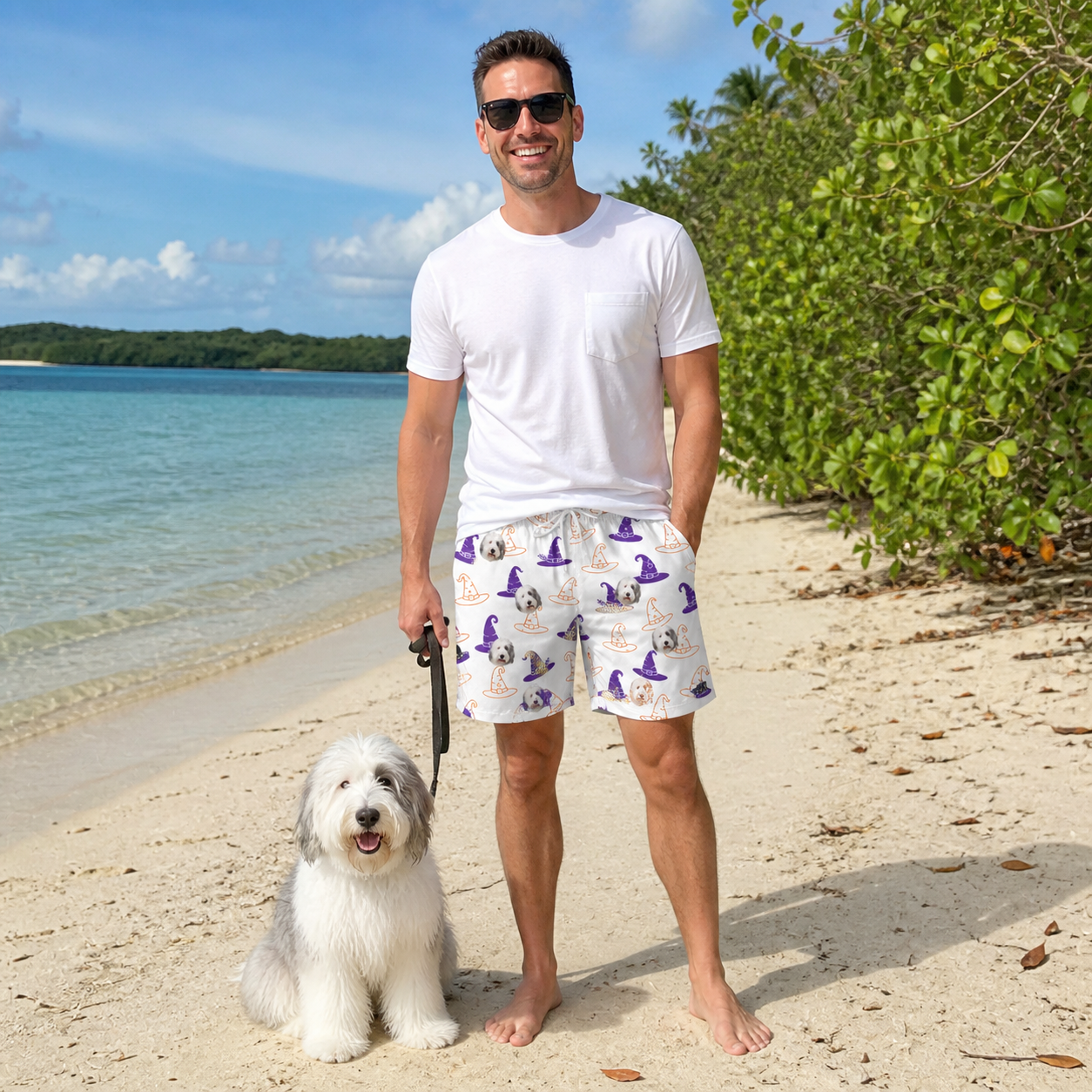 Full-length photo with the pet printed all over this Men's Cauldron Crowns Custom Dog Face Beach Shorts
