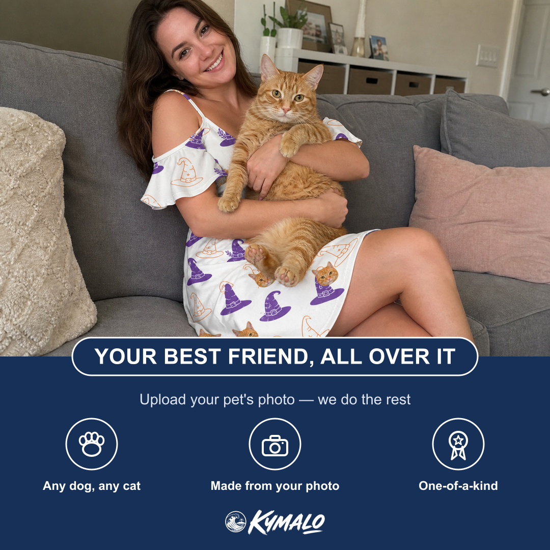 Friends in matching Women's Cauldron Crowns Custom Cat Face Off-Shoulder Dress — a group gift photo