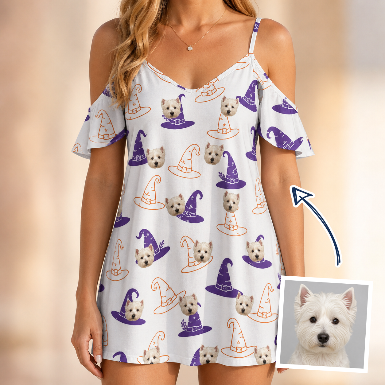 Woman wearing Women's Cauldron Crowns Custom Dog Face Off-Shoulder Dress — custom faces printed all-over