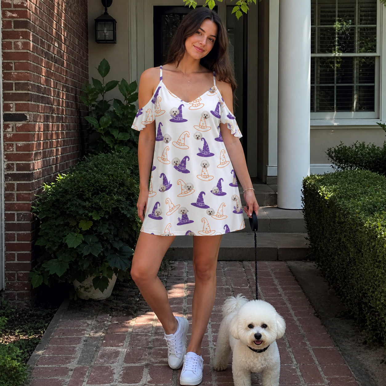 Full-length photo with the pet printed all over this Women's Cauldron Crowns Custom Dog Face Off-Shoulder Dress