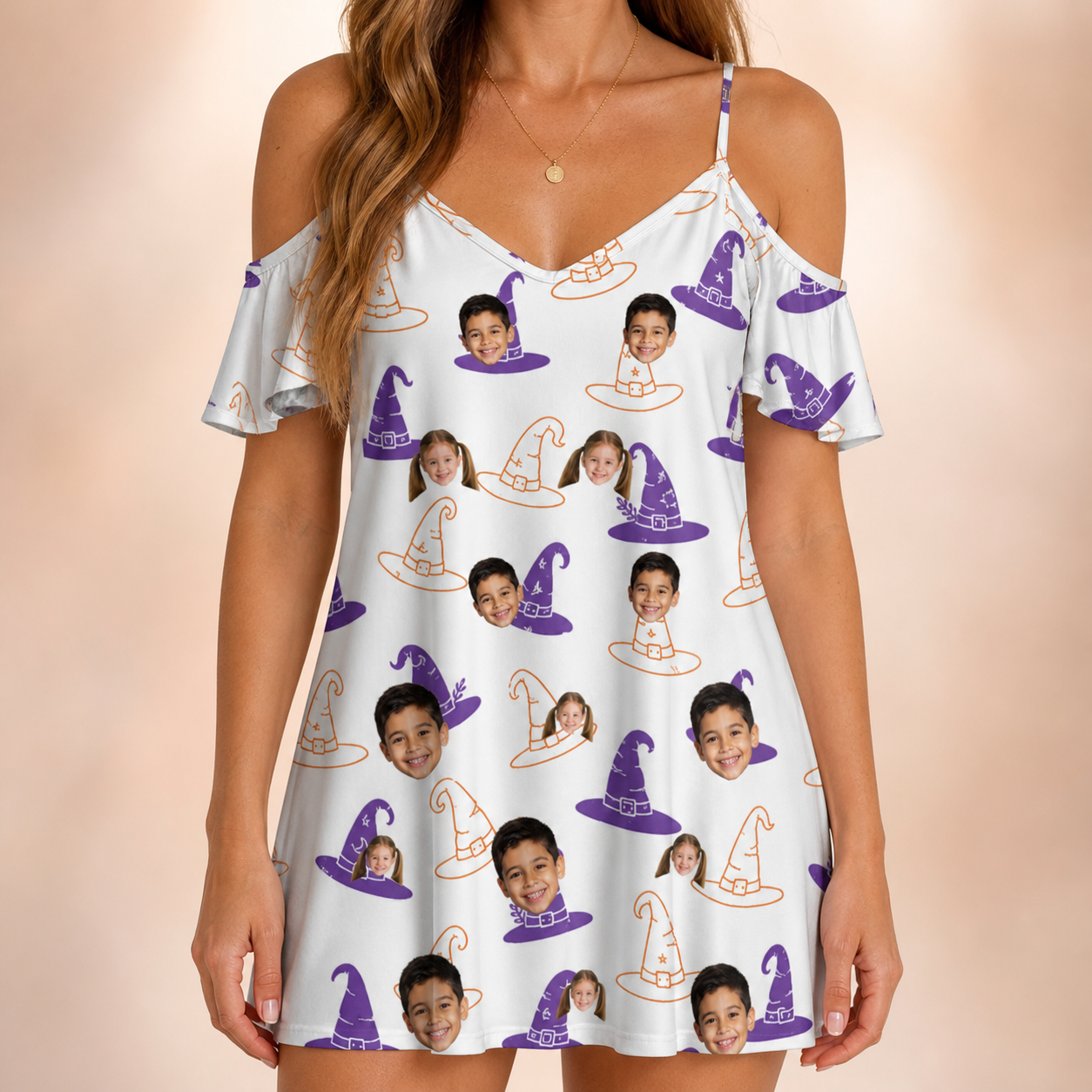 Model wearing Women's Cauldron Crowns Custom Face Off-Shoulder Dress printed with kids' faces