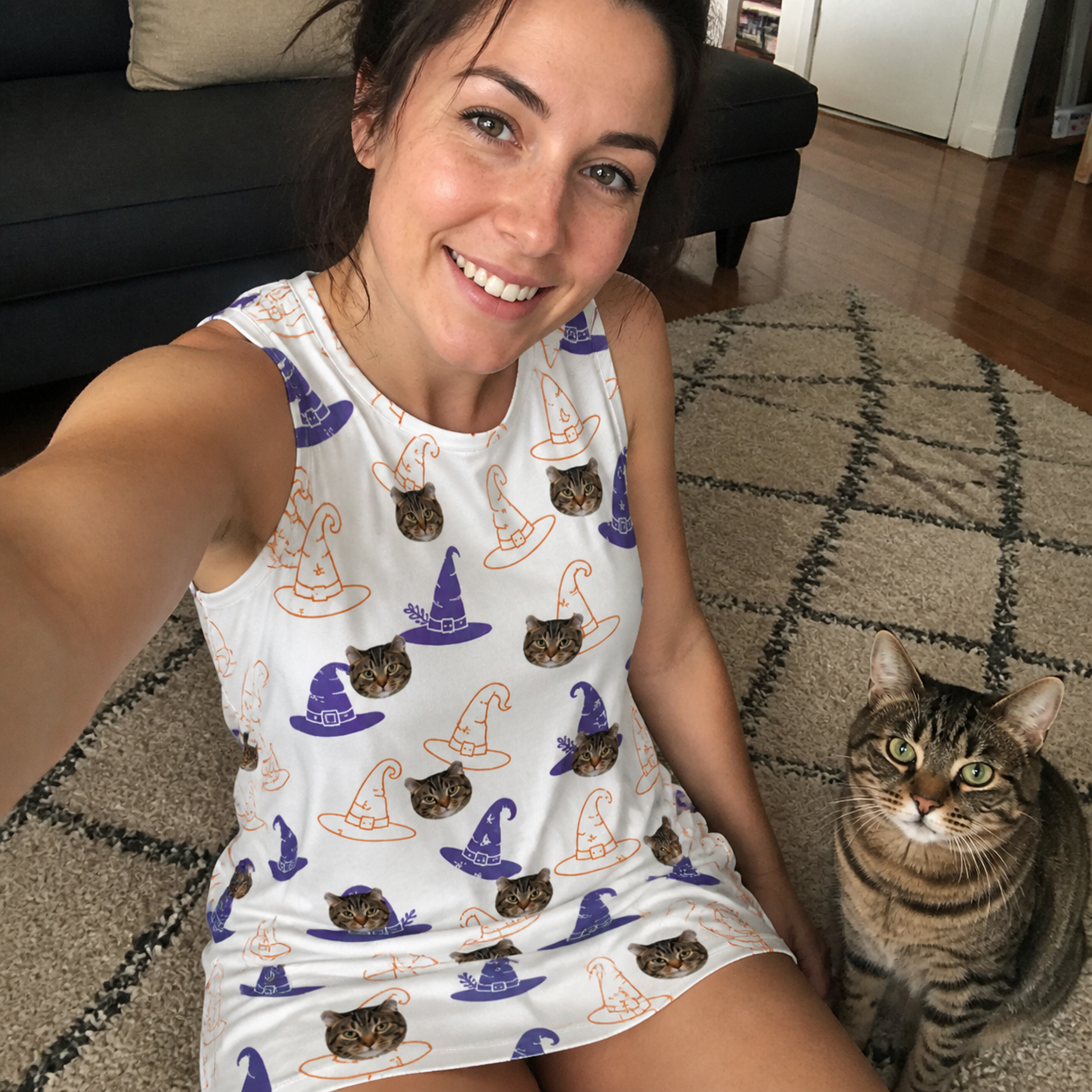 Selfie with the pet whose face is printed all over this Women's Cauldron Crowns Custom Cat Face Tank Dress