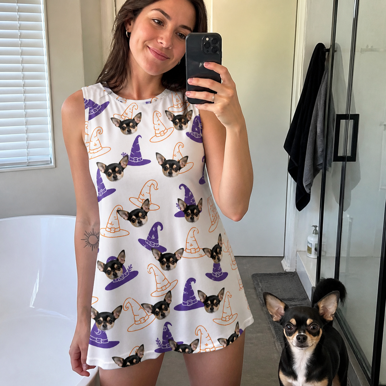 Selfie with the pet whose face is printed all over this Women's Cauldron Crowns Custom Dog Face Tank Dress