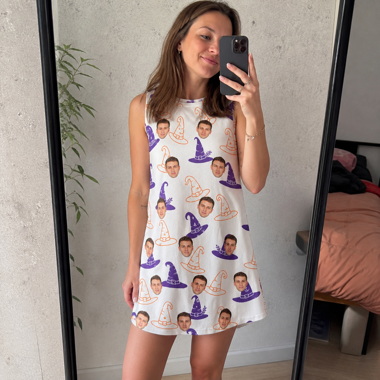 Real-life photo of someone wearing Women's Cauldron Crowns Custom Face Tank Dress — custom faces printed all-over