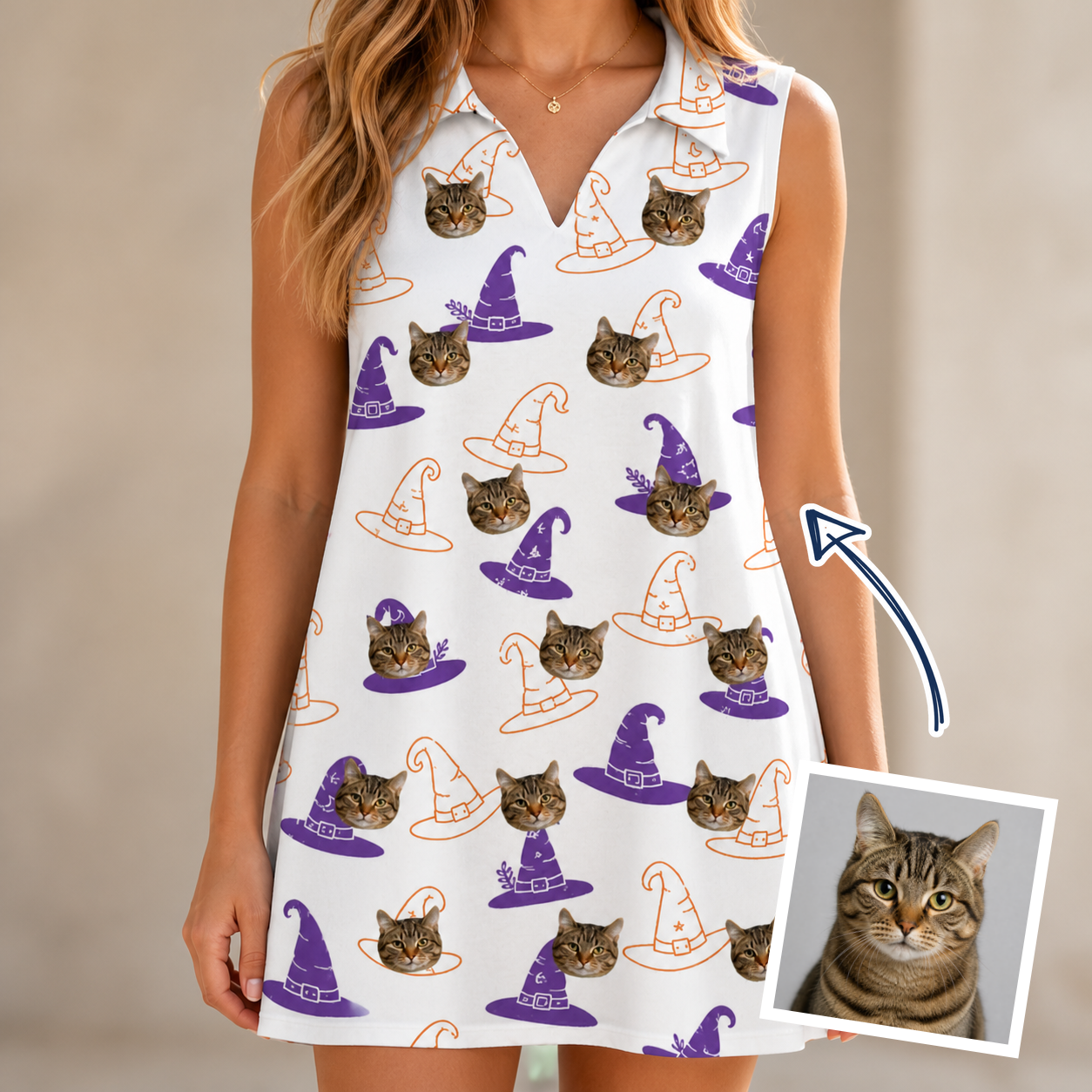Woman wearing Women's Cauldron Crowns Custom Cat Face V-Neck Dress — custom faces printed all-over
