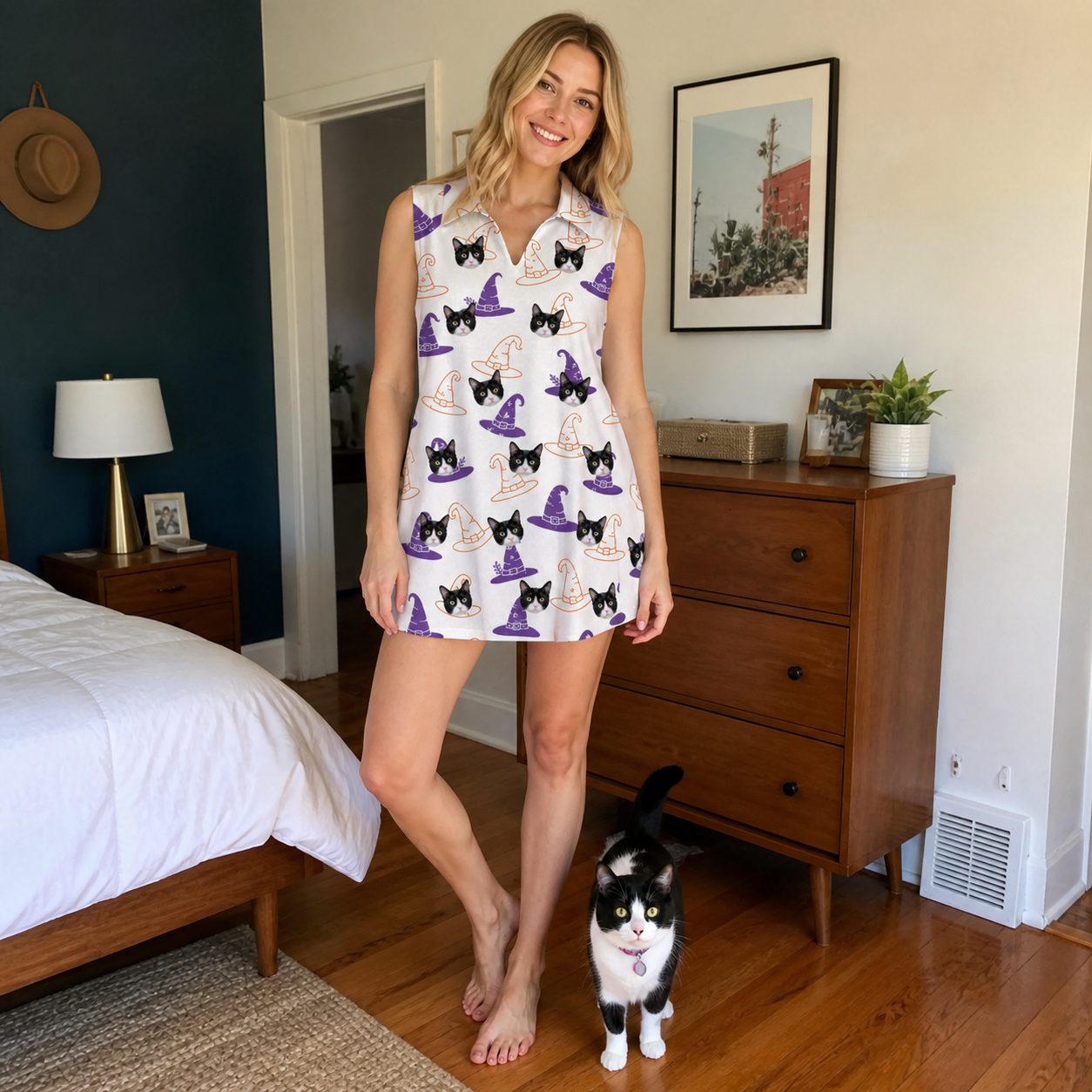 Full-length photo with the pet printed all over this Women's Cauldron Crowns Custom Cat Face V-Neck Dress