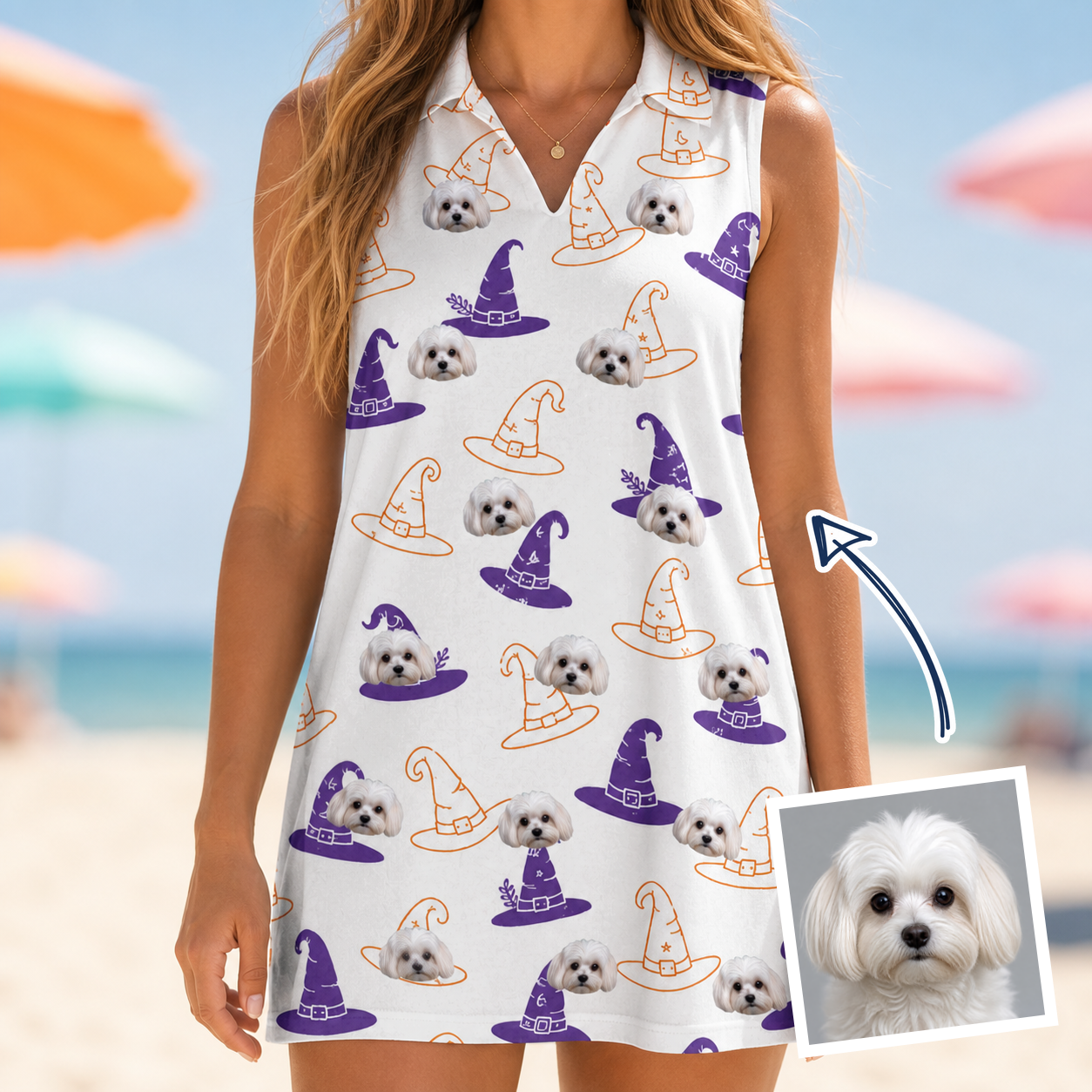 Woman wearing Women's Cauldron Crowns Custom Dog Face V-Neck Dress — custom faces printed all-over