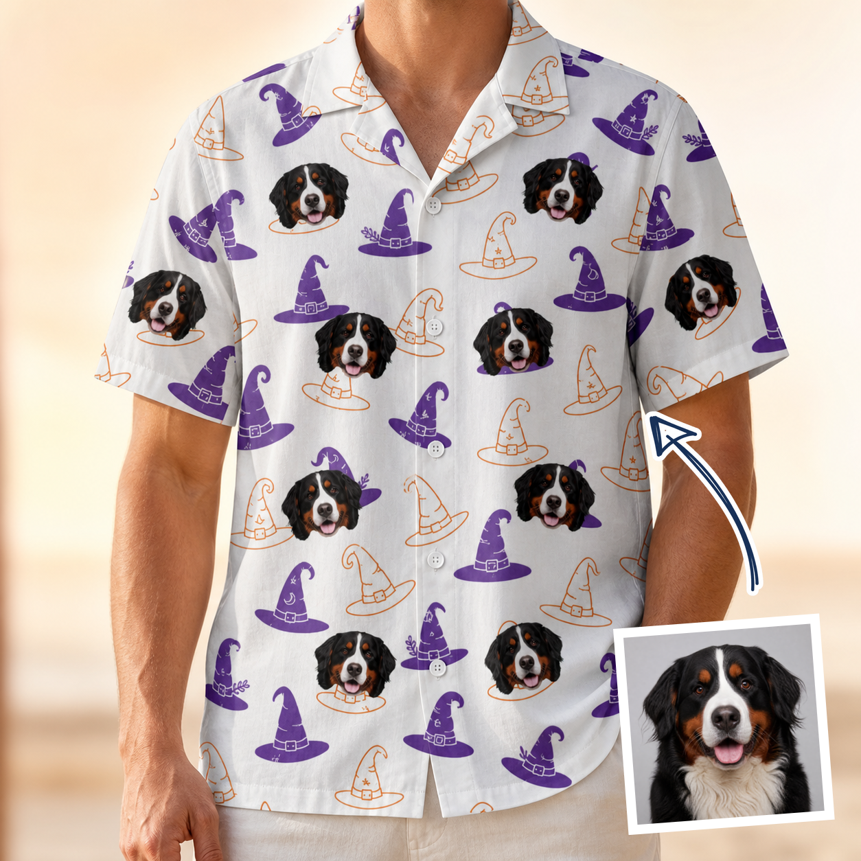 Man wearing Men's Cauldron Crowns Custom Dog Face Hawaiian Shirt — custom faces printed all-over