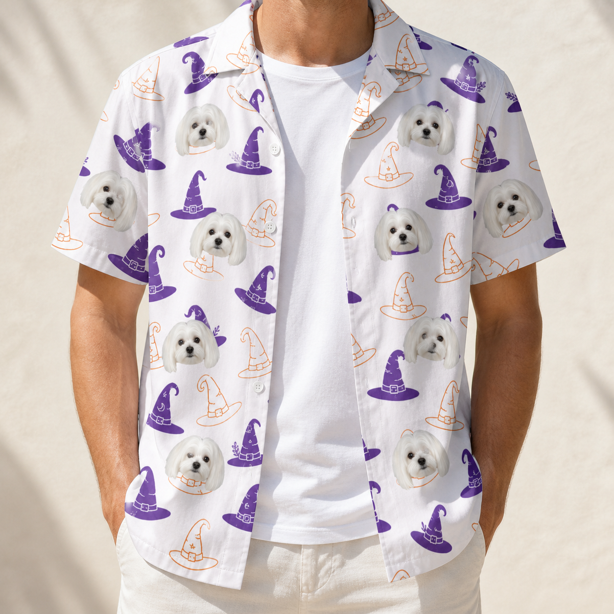 Man wearing Men's Cauldron Crowns Custom Dog Face Hawaiian Shirt open over a white tee