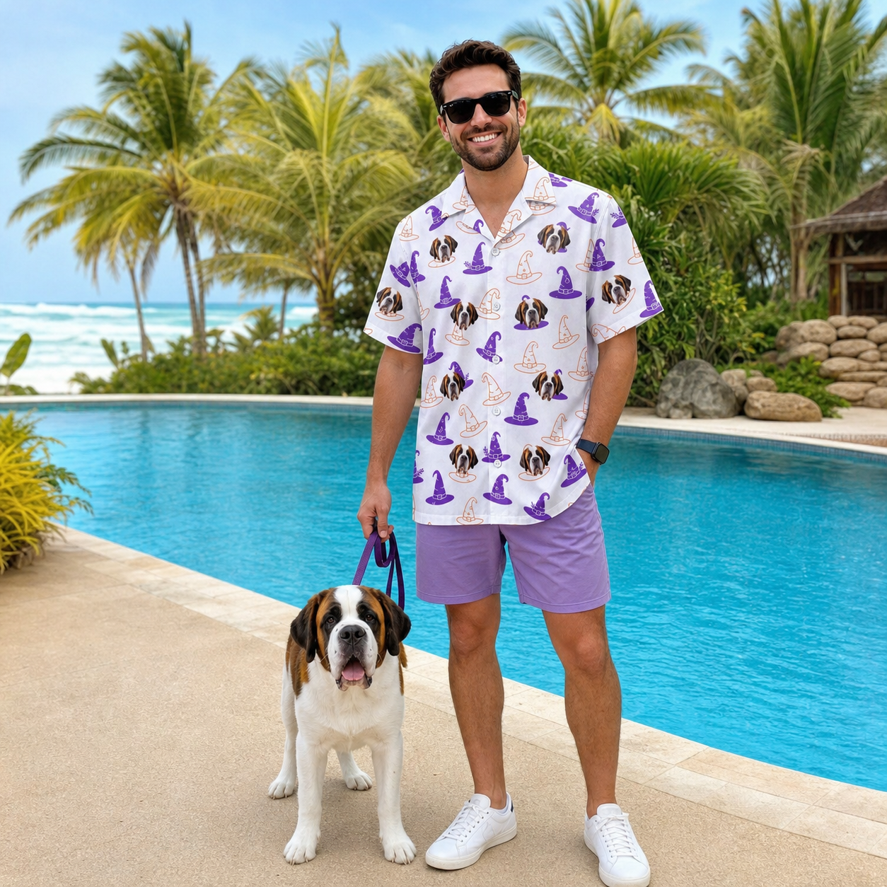 Full-length photo with the pet printed all over this Men's Cauldron Crowns Custom Dog Face Hawaiian Shirt