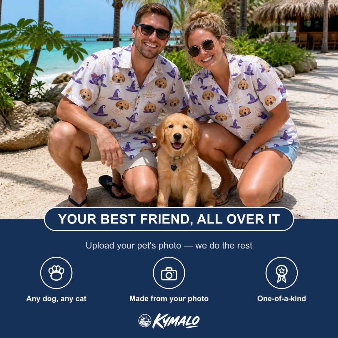 Friends in matching Men's Cauldron Crowns Custom Dog Face Hawaiian Shirt — a group gift photo
