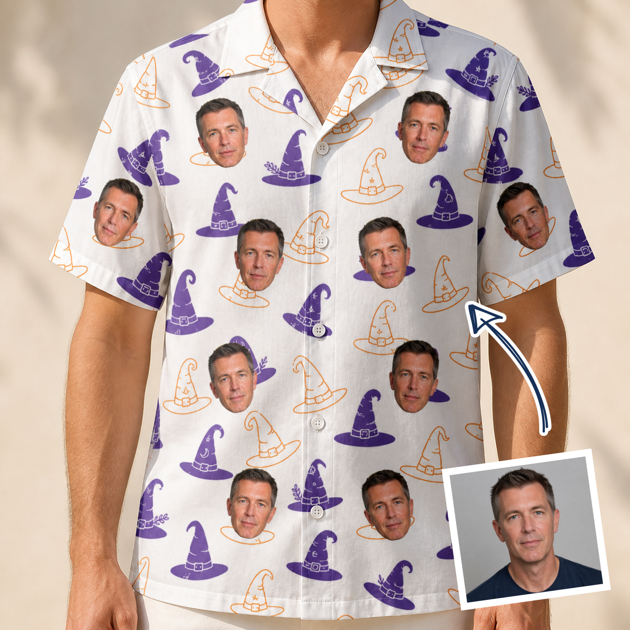 Man wearing Men's Cauldron Crowns Custom Face Hawaiian Shirt — custom faces printed all-over