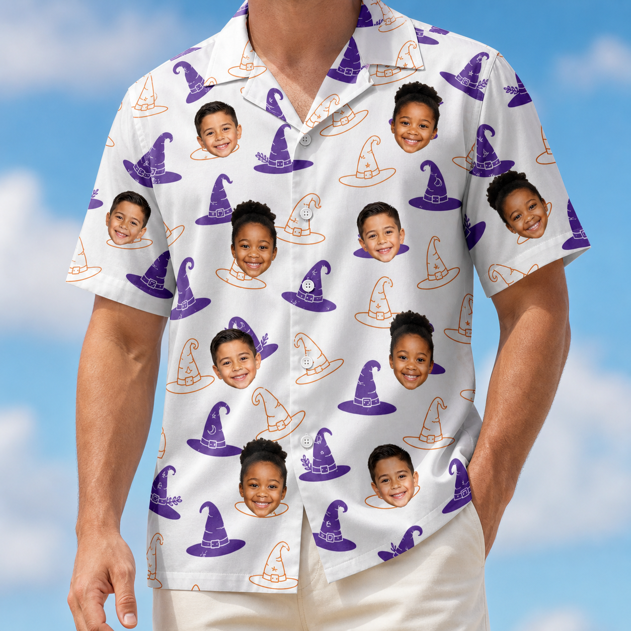 Model wearing Men's Cauldron Crowns Custom Face Hawaiian Shirt printed with kids' faces
