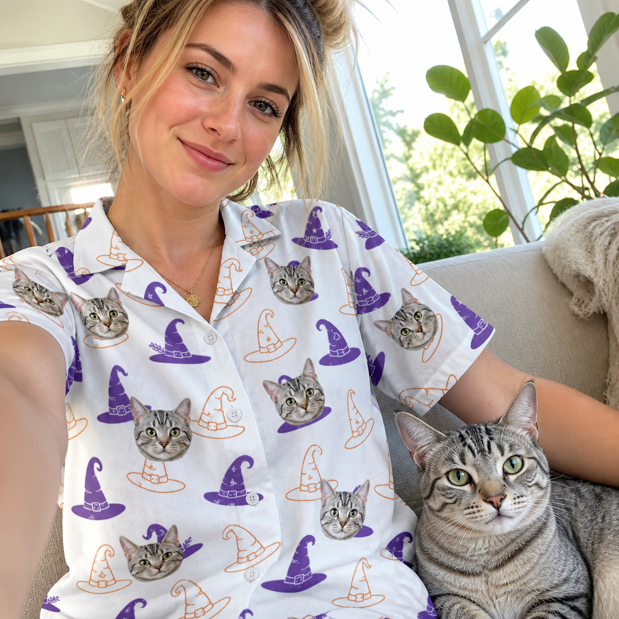 Selfie with the pet whose face is printed all over this Women's Cauldron Crowns Custom Cat Face Hawaiian Shirt