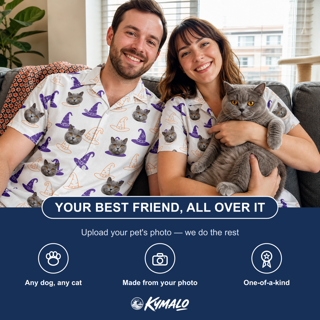Friends in matching Women's Cauldron Crowns Custom Cat Face Hawaiian Shirt — a group gift photo