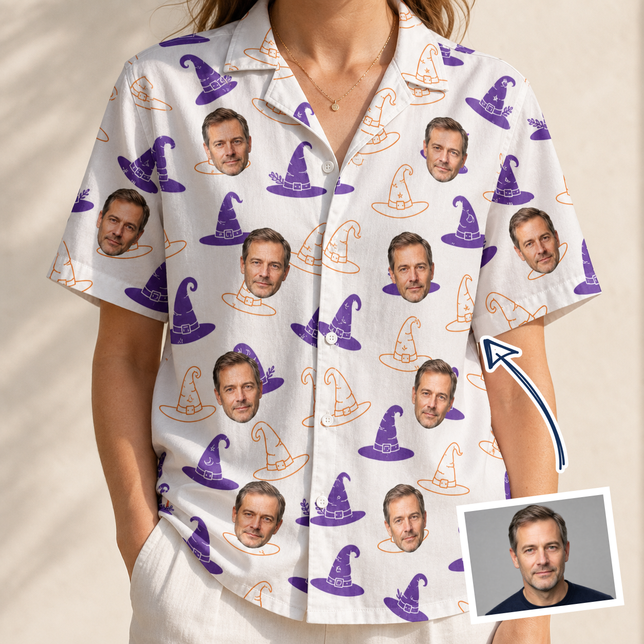 Woman wearing Women's Cauldron Crowns Custom Face Hawaiian Shirt — custom faces printed all-over