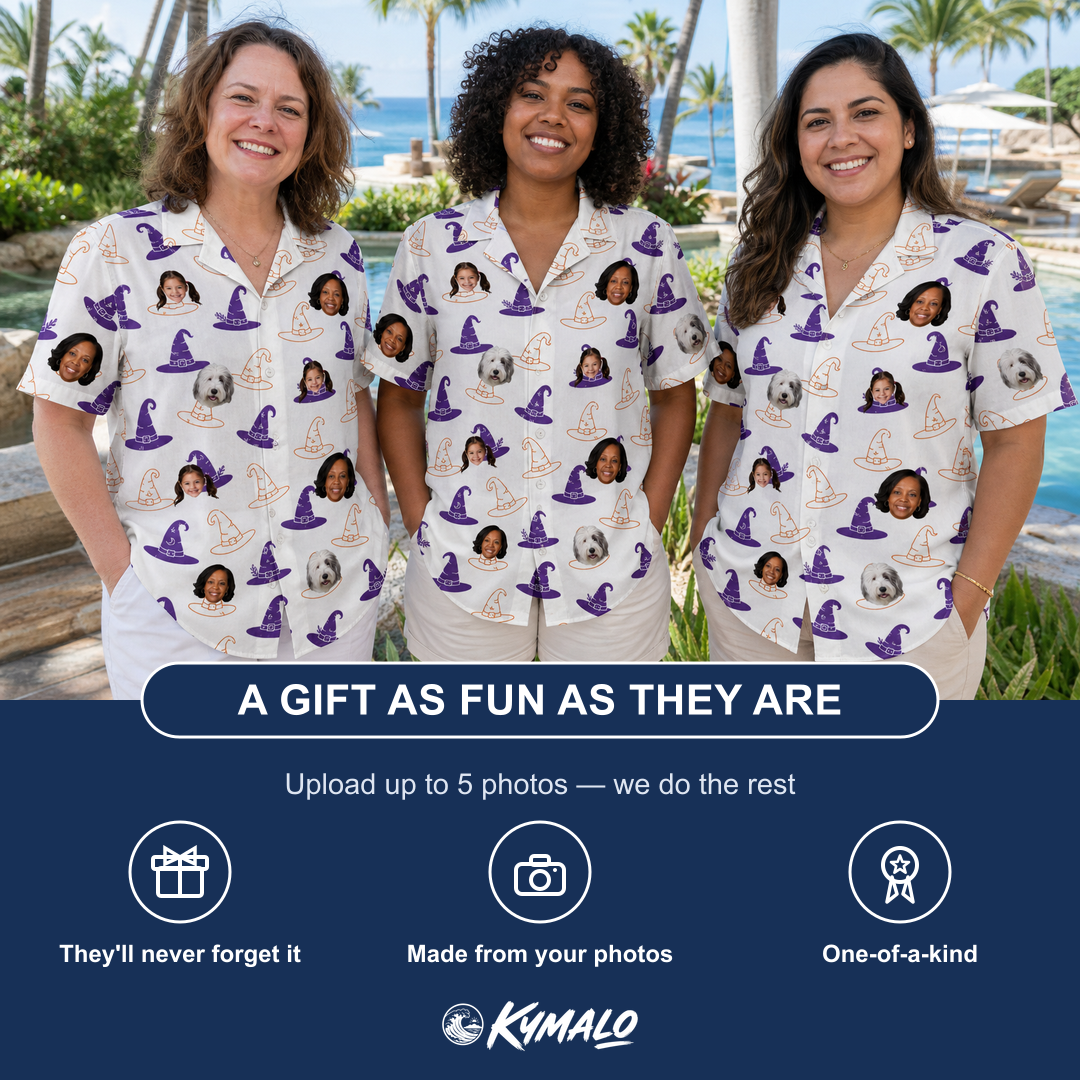 Friends in matching Women's Cauldron Crowns Custom Face Hawaiian Shirt — a group gift photo