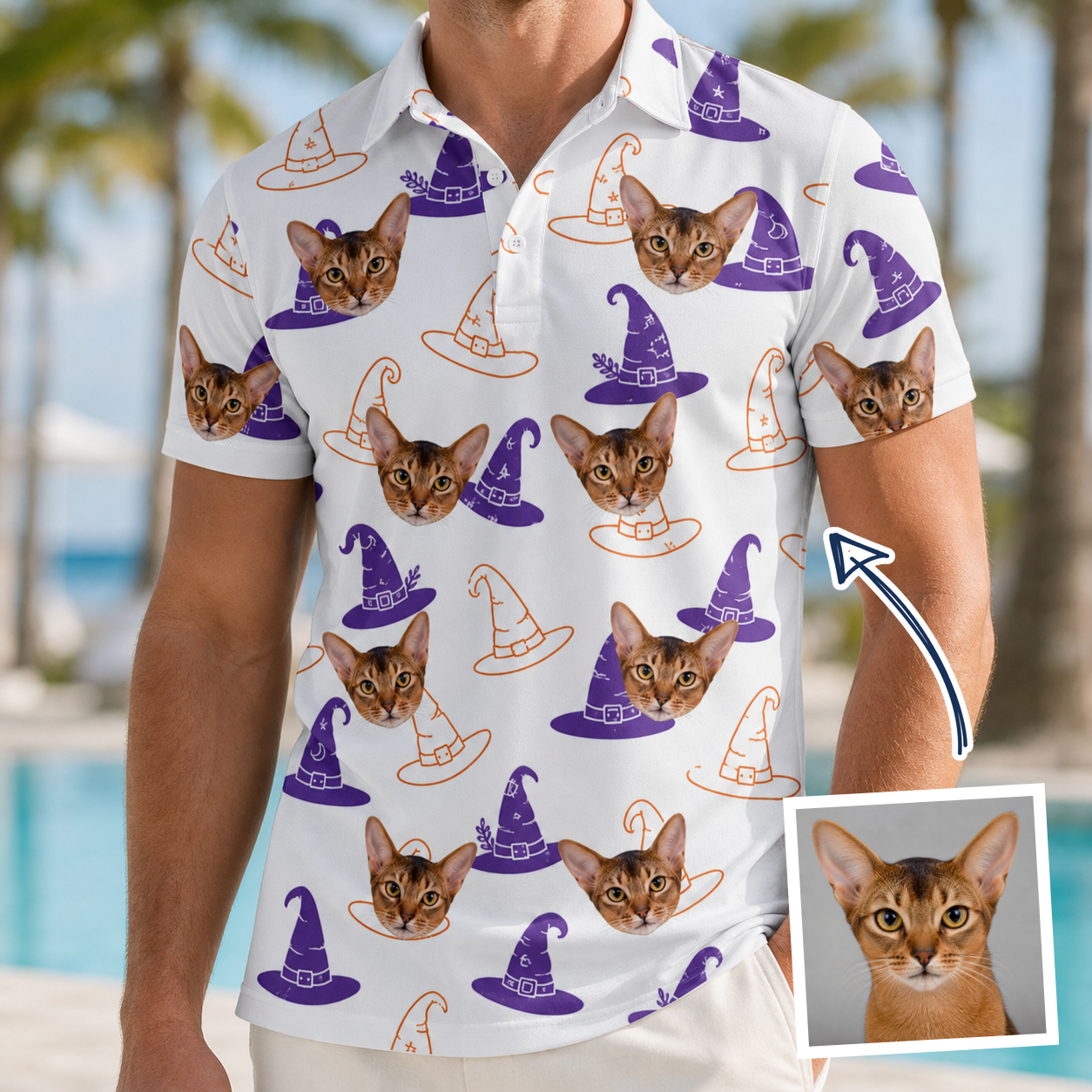Man wearing Men's Cauldron Crowns Custom Cat Face Polo Shirt — custom faces printed all-over