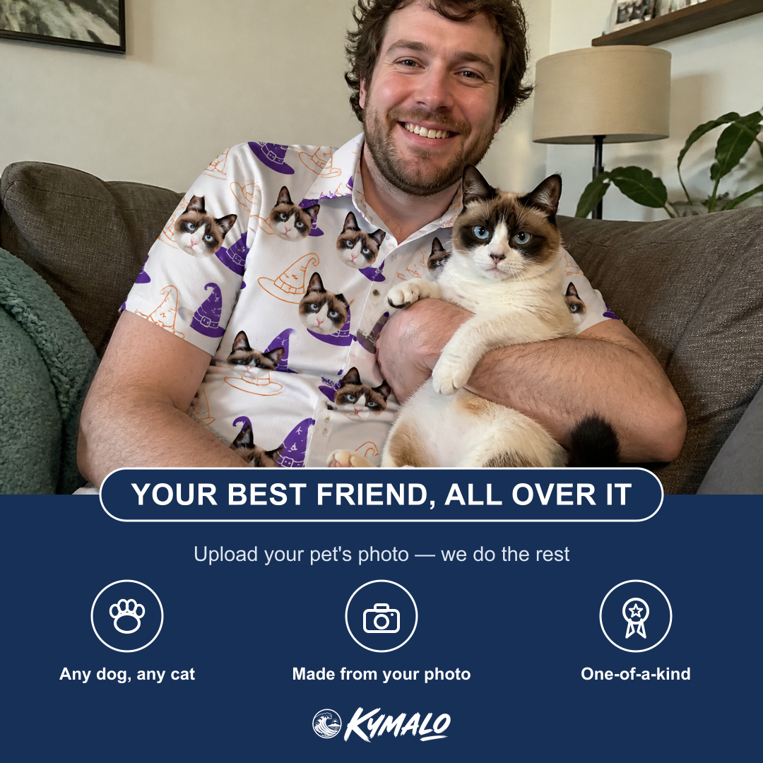 Friends in matching Men's Cauldron Crowns Custom Cat Face Polo Shirt — a group gift photo