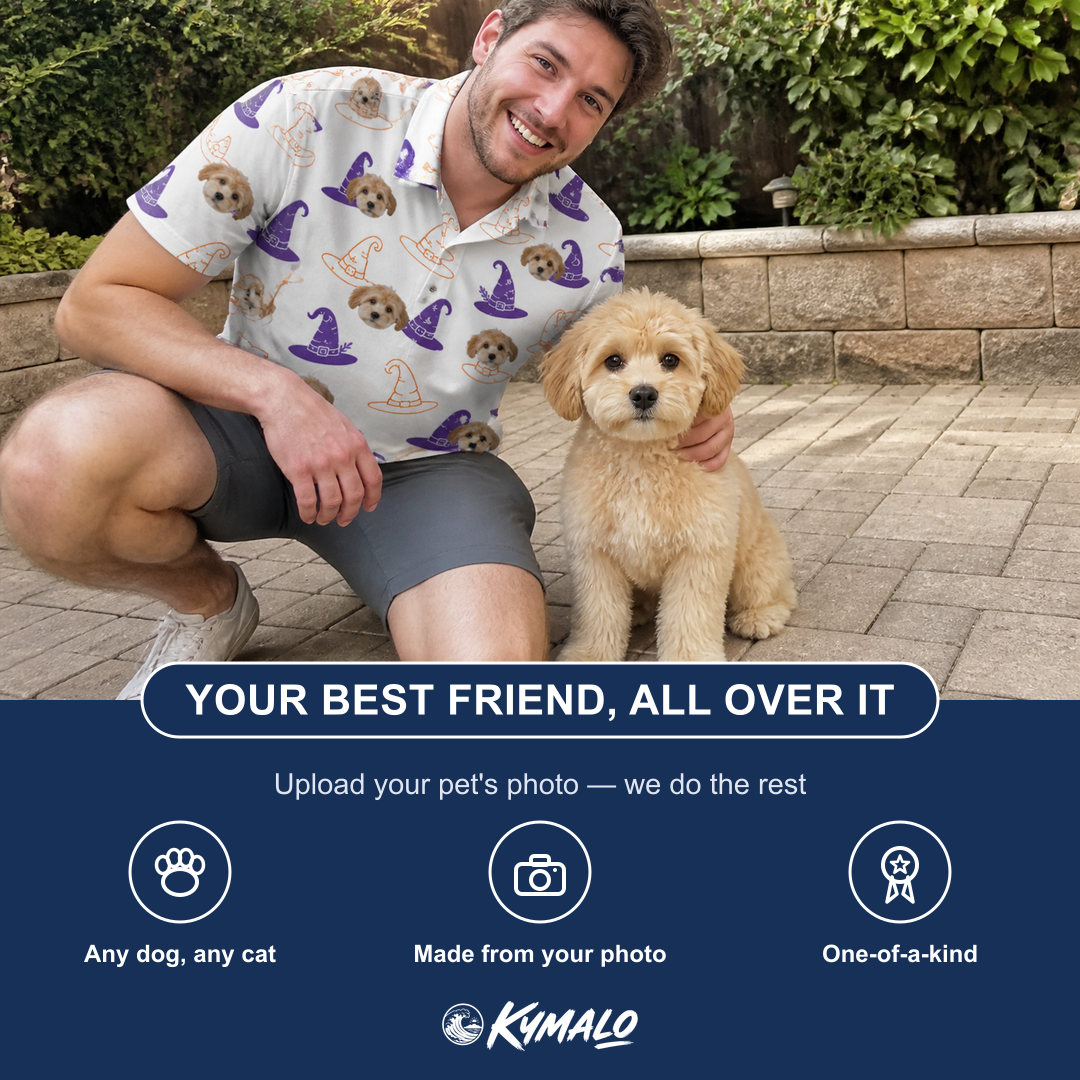 Friends in matching Men's Cauldron Crowns Custom Dog Face Polo Shirt — a group gift photo