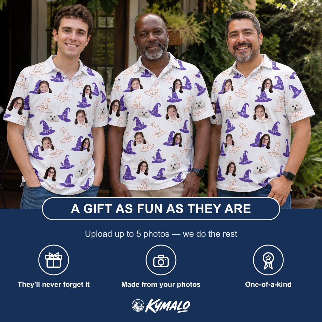 Friends in matching Men's Cauldron Crowns Custom Face Polo Shirt — a group gift photo