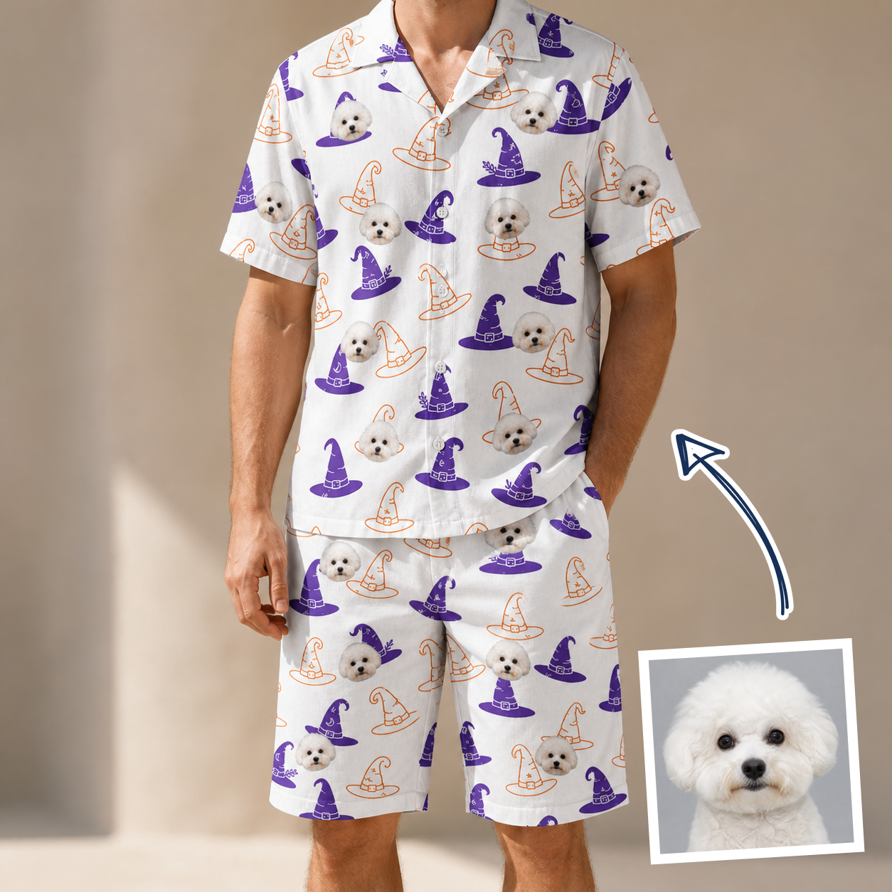 Man wearing Men's Cauldron Crowns Custom Dog Face Shirt & Shorts Set — custom faces printed all-over