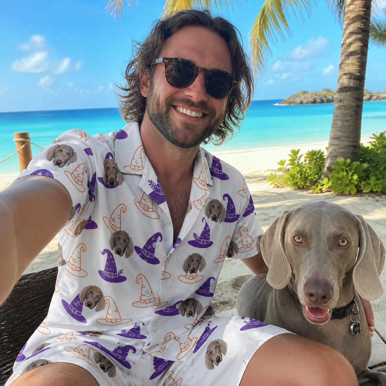 Selfie with the pet whose face is printed all over this Men's Cauldron Crowns Custom Dog Face Shirt & Shorts Set
