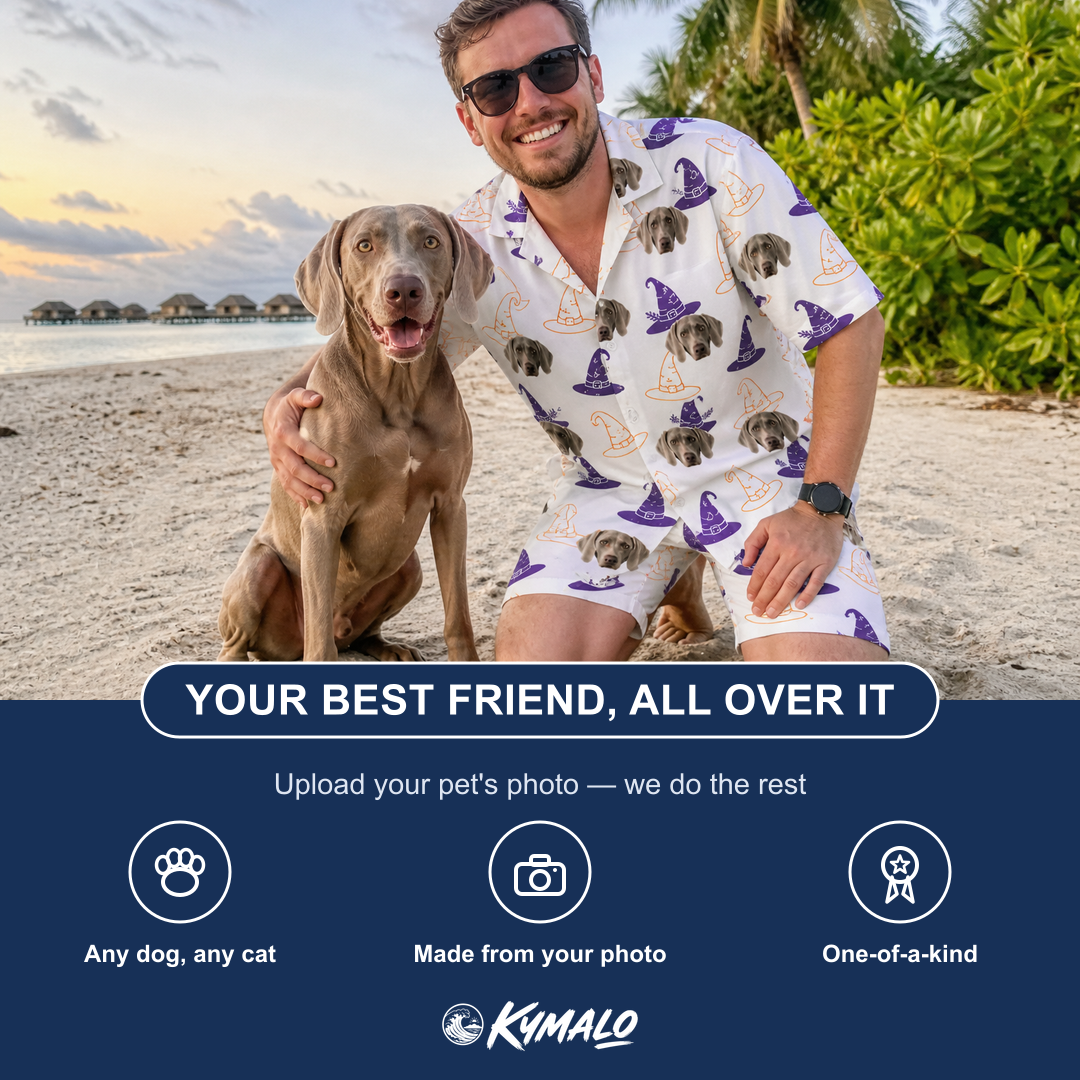 Friends in matching Men's Cauldron Crowns Custom Dog Face Shirt & Shorts Set — a group gift photo