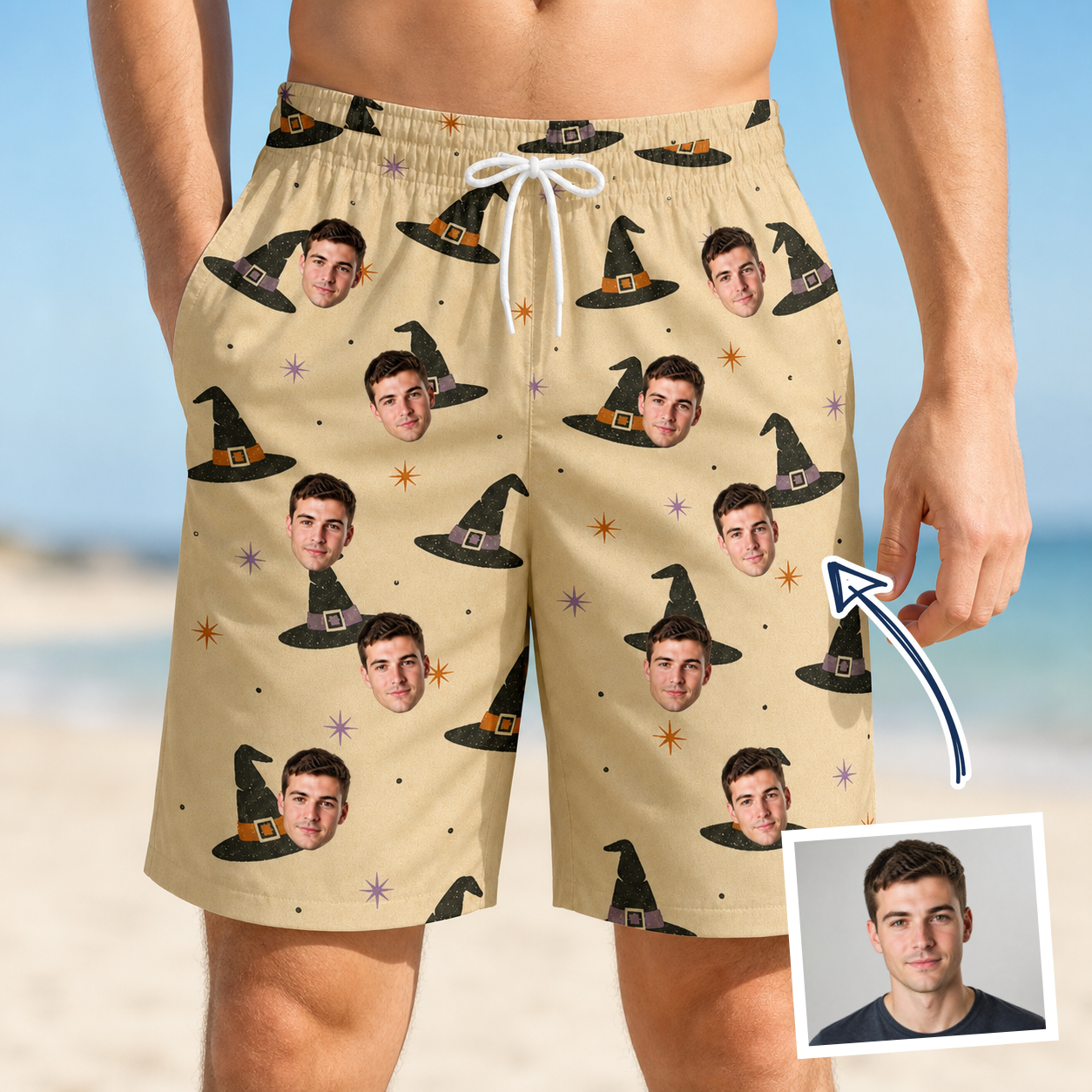 Man wearing Men's Spellbound Spires Custom Face Beach Shorts — custom faces printed all-over