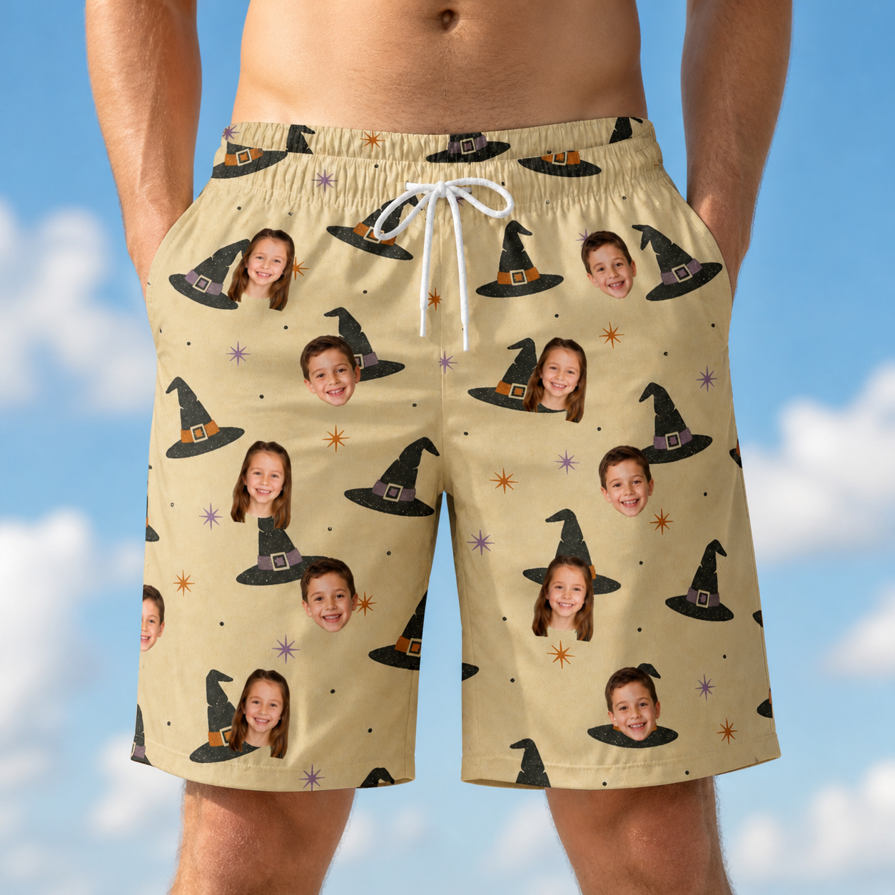 Model wearing Men's Spellbound Spires Custom Face Beach Shorts printed with kids' faces