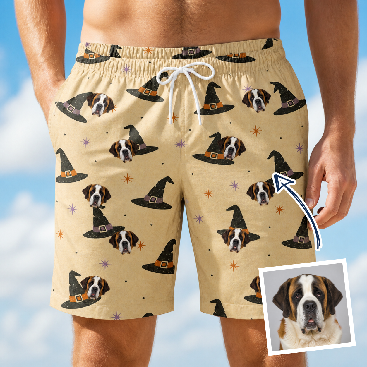 Man wearing Men's Spellbound Spires Custom Dog Face Beach Shorts — custom faces printed all-over