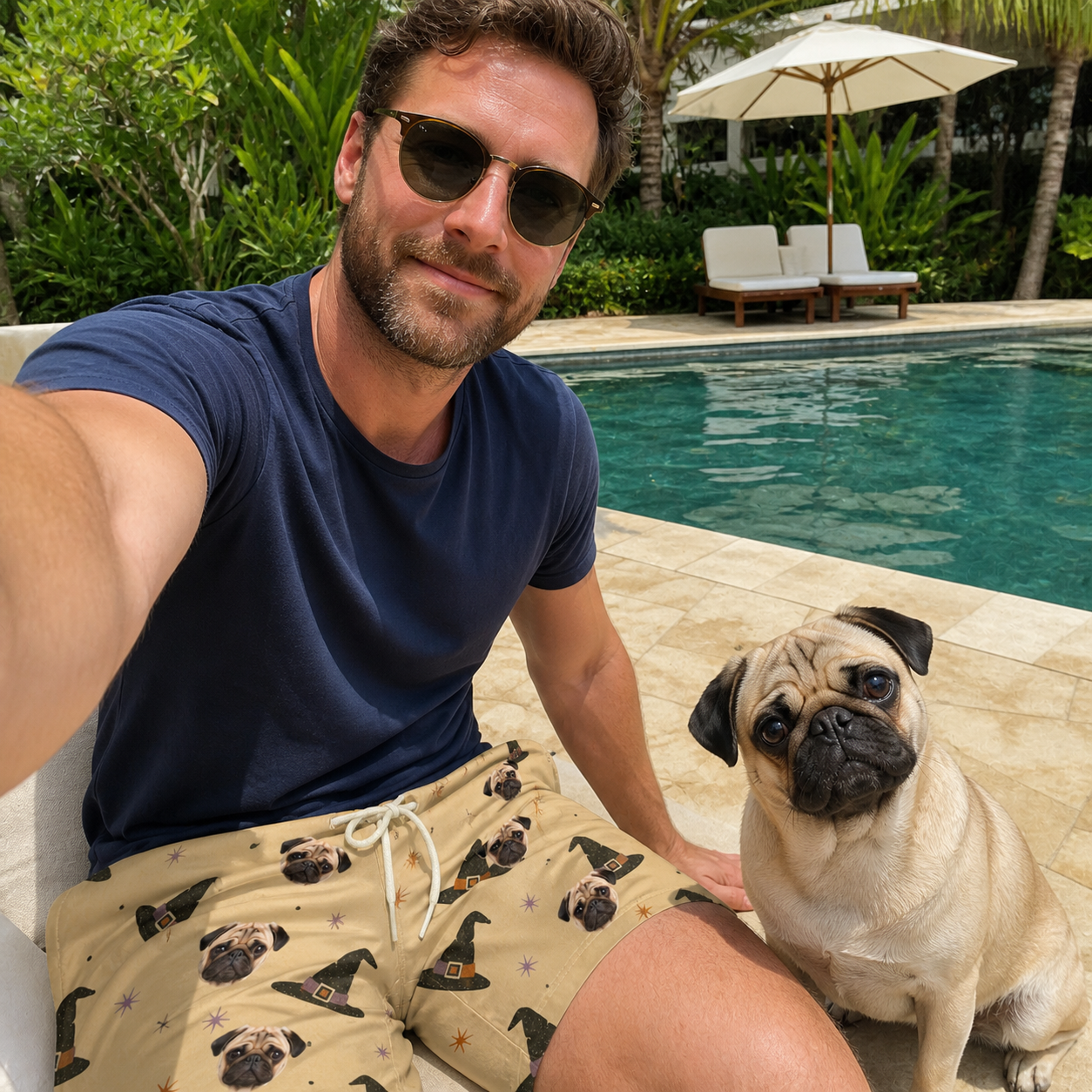 Selfie with the pet whose face is printed all over this Men's Spellbound Spires Custom Dog Face Beach Shorts
