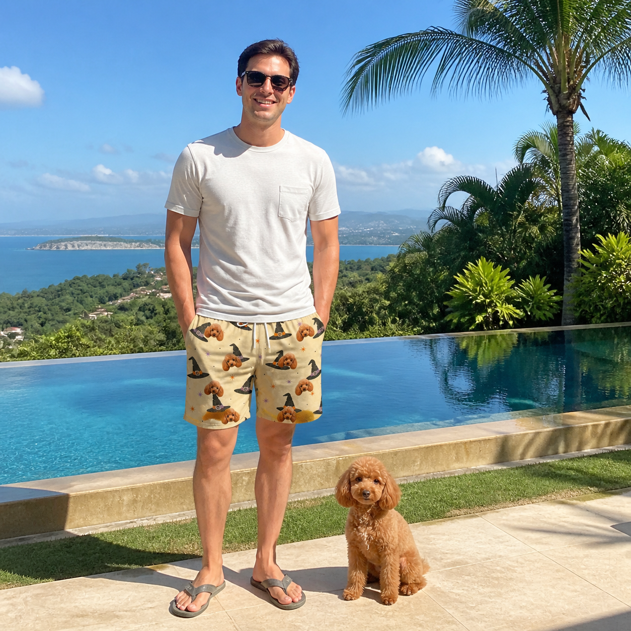 Full-length photo with the pet printed all over this Men's Spellbound Spires Custom Dog Face Beach Shorts