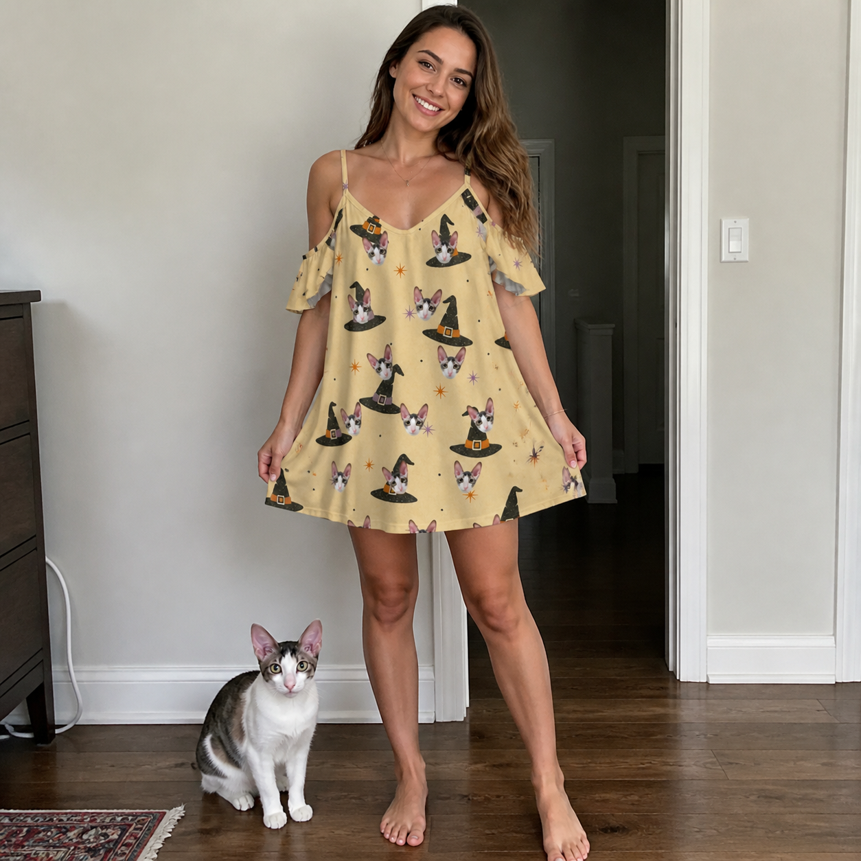 Full-length photo with the pet printed all over this Women's Spellbound Spires Custom Cat Face Off-Shoulder Dress