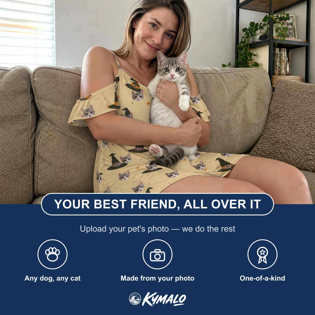 Friends in matching Women's Spellbound Spires Custom Cat Face Off-Shoulder Dress — a group gift photo